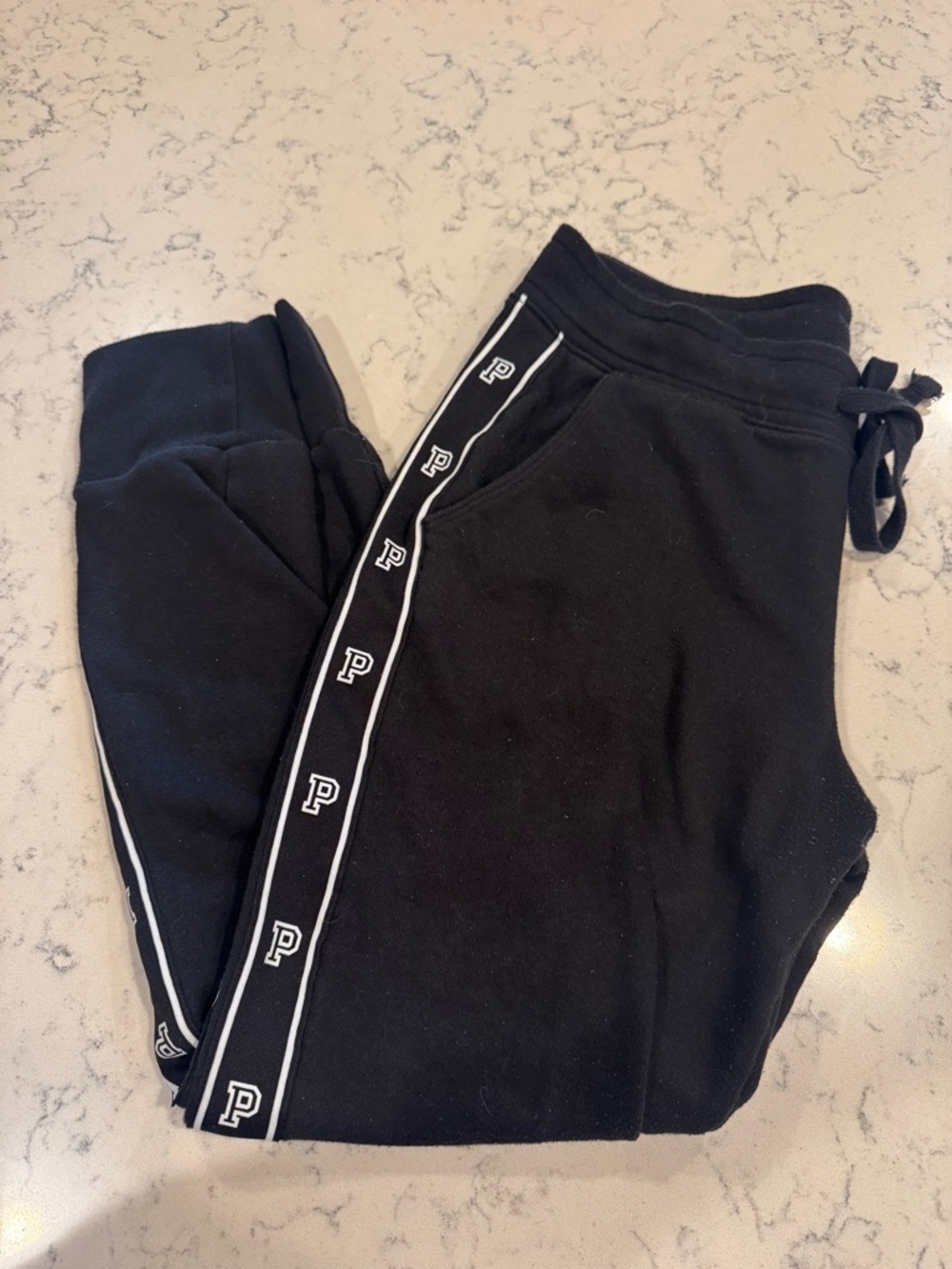 PINK Victoria’s Secret Black Sweatpants with Side Stripe P Logo Pattern